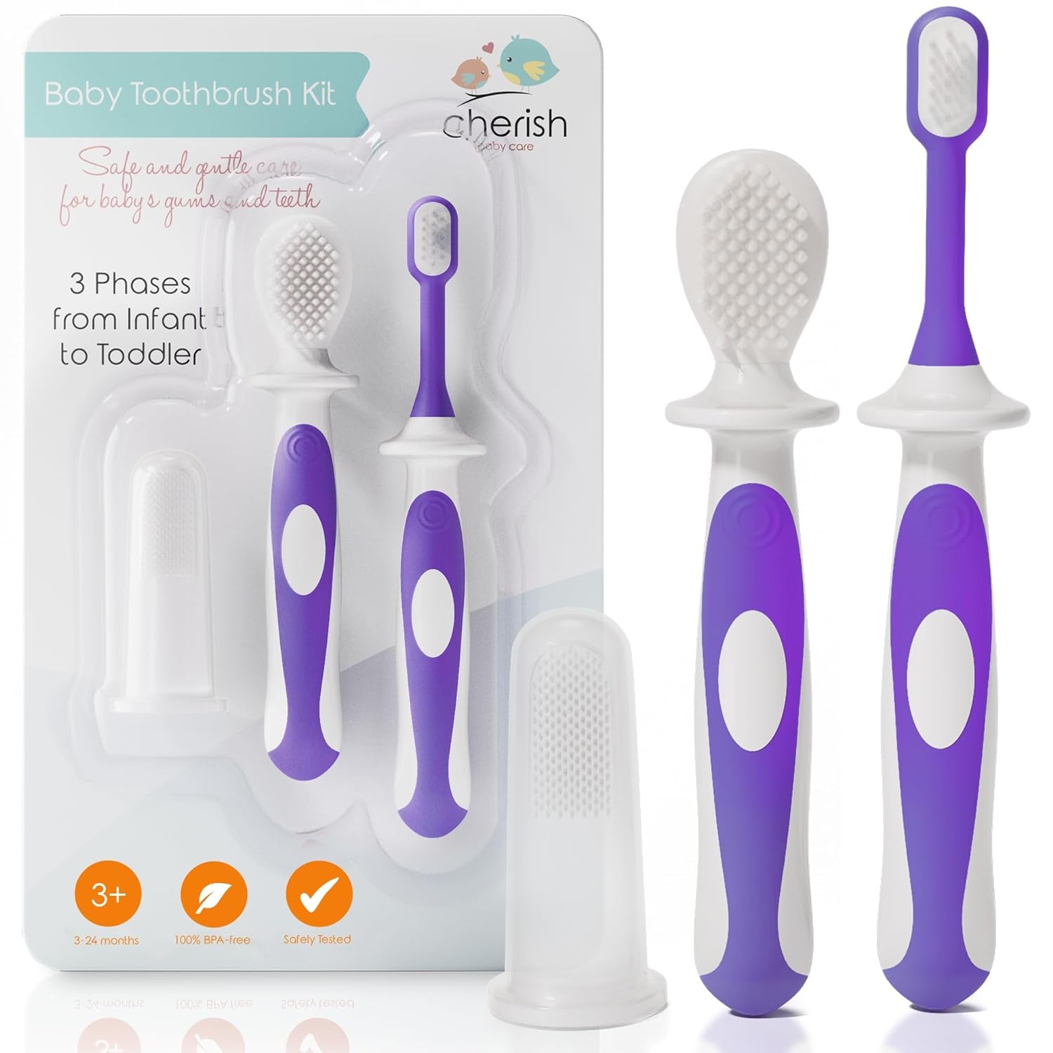 Award-Winning Baby Toothbrush Set (3-24 Months) - 3-Pack Baby Finger Toothbrush, Training Toothbrush & Toddler Toothbrush - Bpa-Free Baby First Toothbrush Set (Purple)