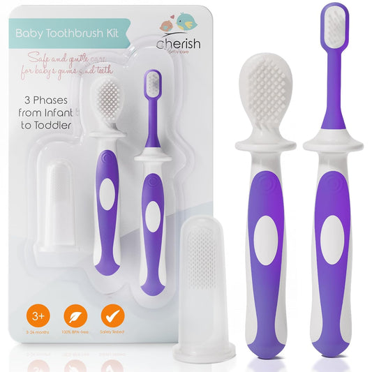 Award-Winning Baby Toothbrush Set (3-24 Months) - 3-Pack Baby Finger Toothbrush, Training Toothbrush & Toddler Toothbrush - Bpa-Free Baby First Toothbrush Set (Purple)